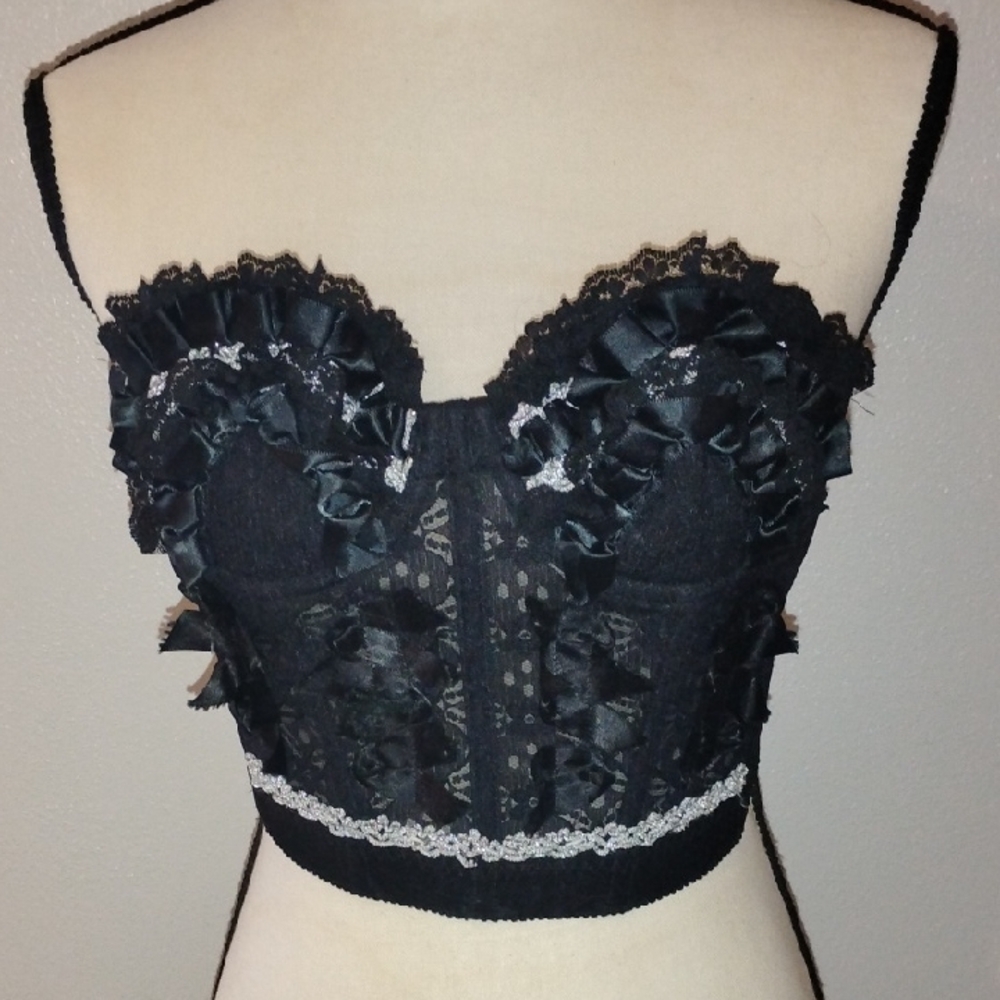 Vintage Lacy Lady Black Bustier/Top Ruffles Lace 1950s Lingerie S/M
